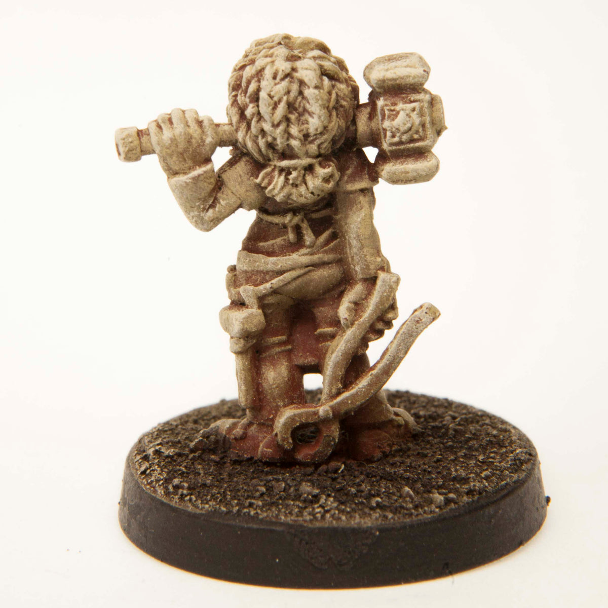 Primed pewter Dwarf Blacksmith miniature, 25mm tall, another view