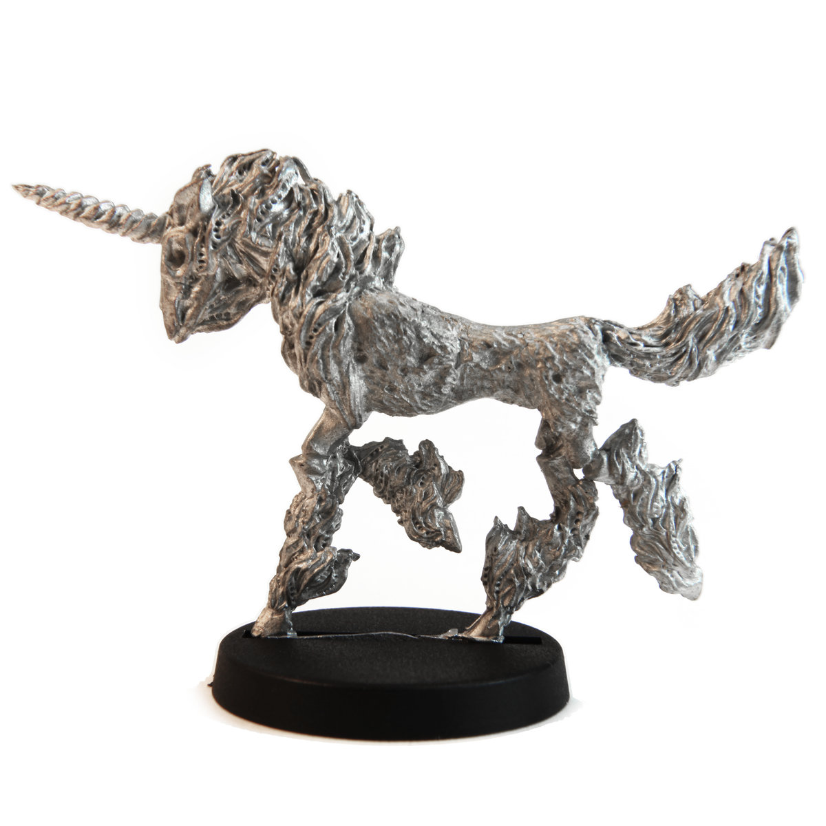 Unpainted pewter Flaming Undead Unicorn miniature, 35mm tall, another view
