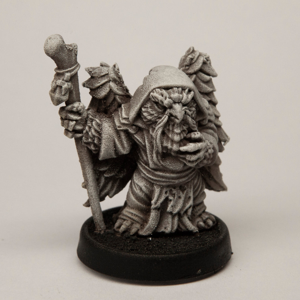Primed pewter Male Owlfolk Wizard miniature, 33mm tall