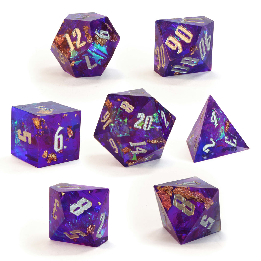 Level 14 Sorcerer Set Polyhedral Dice (7pcs) Sharp Resin Dice Purple and Blue with Gold Flecks, another view