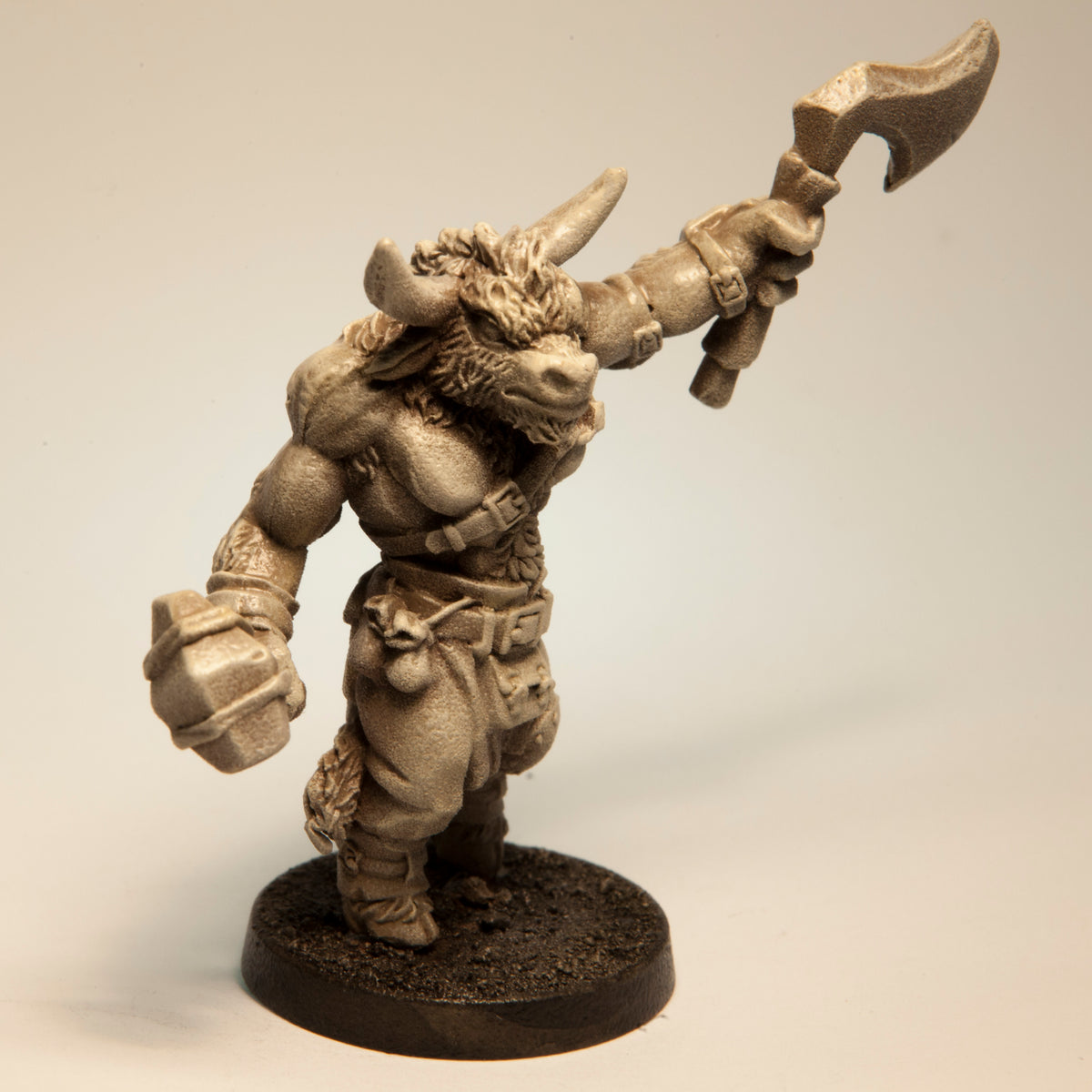 Primed pewter Minotaur Fighter Male miniature, 52mm tall, another view