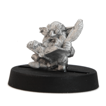Unpainted pewter Gnome Scholar miniature, 10mm tall