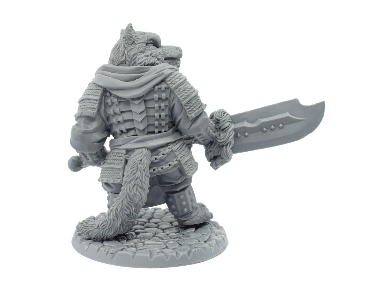 Unpainted resin Wolf Lord miniature, 82mm tall, another view