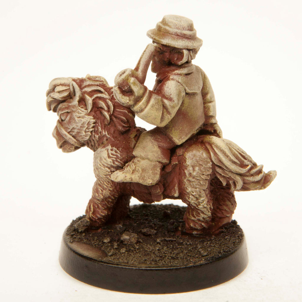 Primed pewter Halfling Wool Merchant Mounted on Pony miniature, 29mm tall, another view