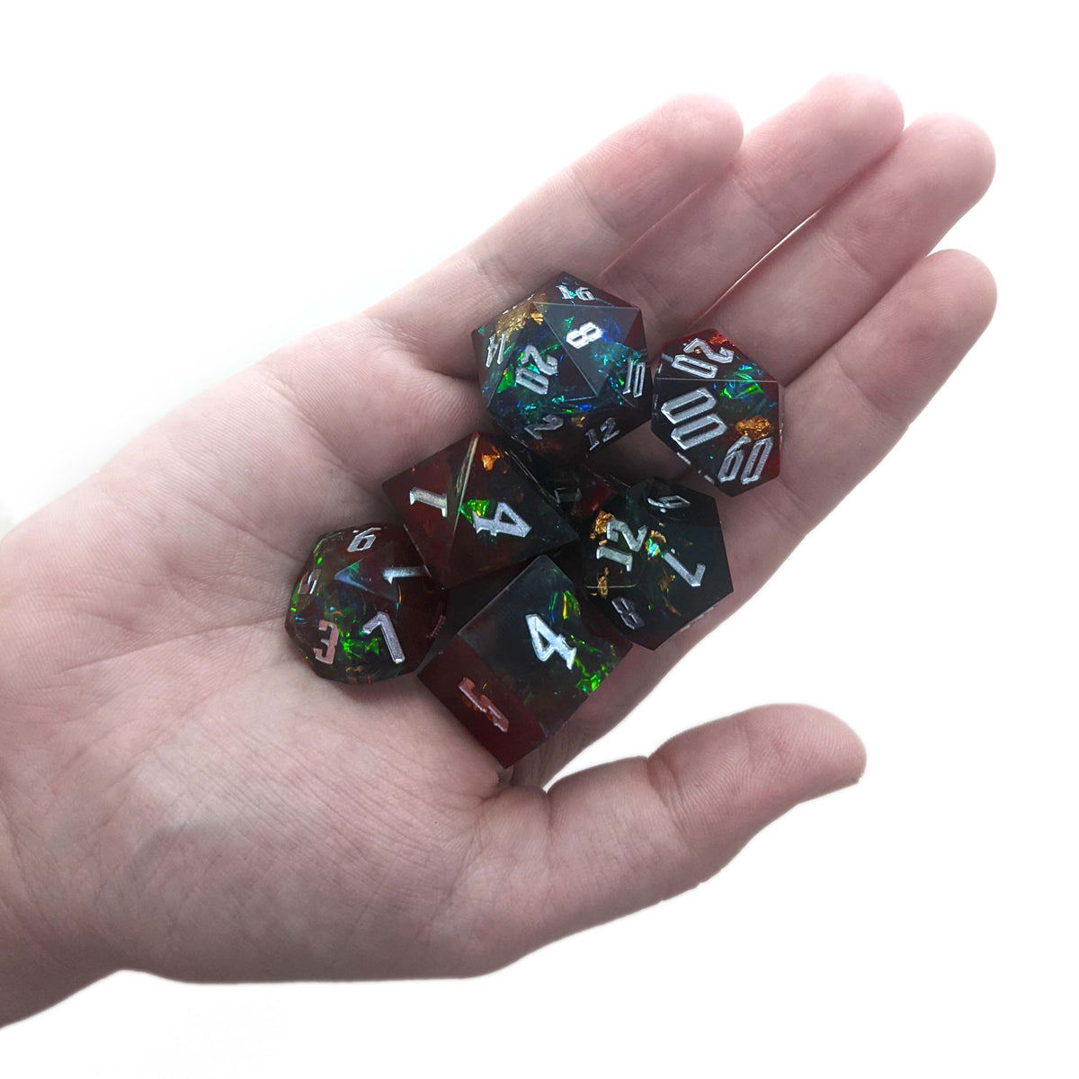 Level 14 Rogue Set Polyhedral Dice (7pcs) Sharp Resin Dice Red and Green with Gold Flecks, another view