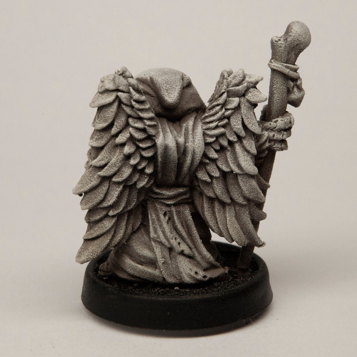 Primed pewter Male Owlfolk Wizard miniature, 33mm tall, another view