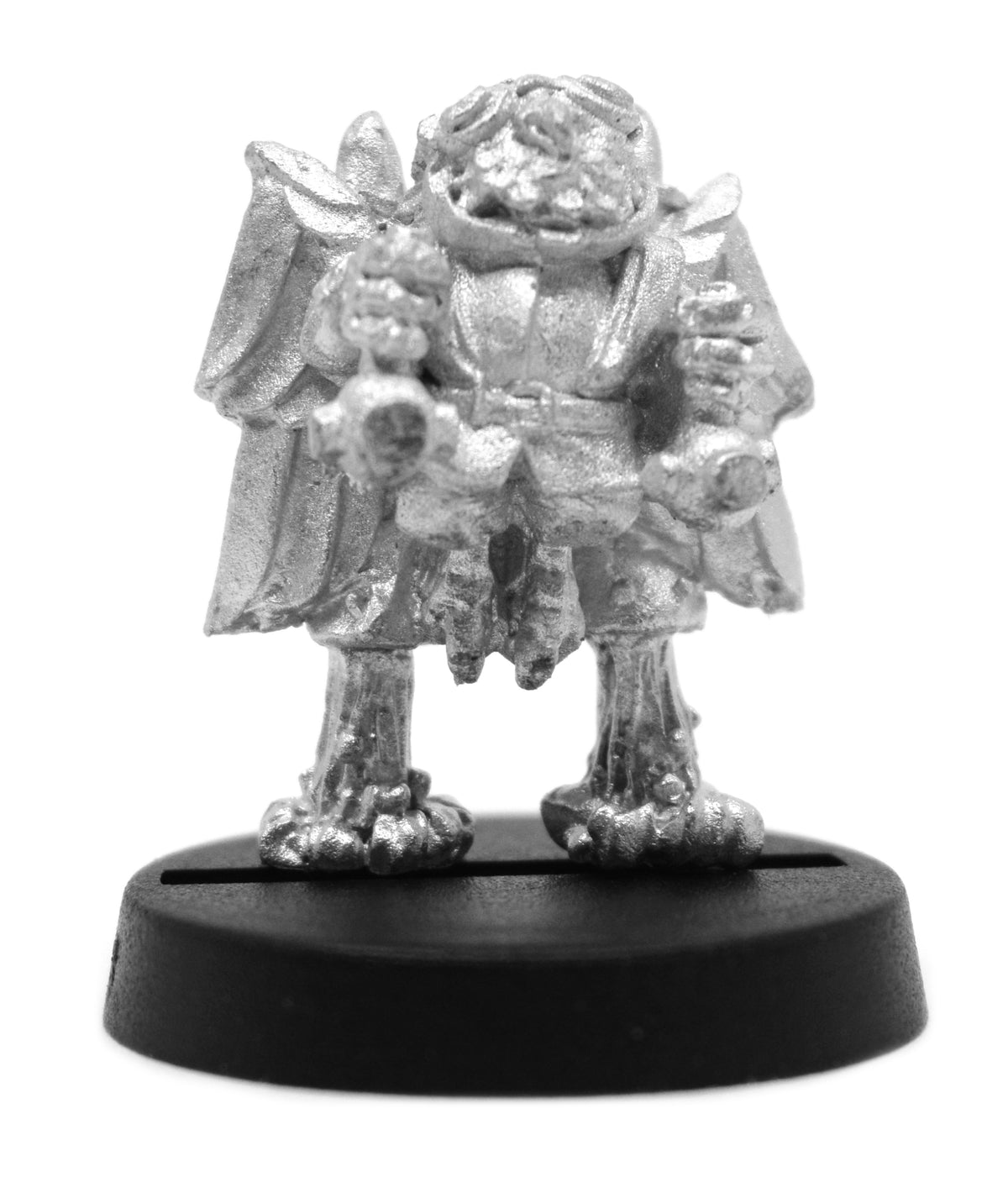Unpainted pewter Owlfolk Child Mechanist miniature, 20mm tall, another view
