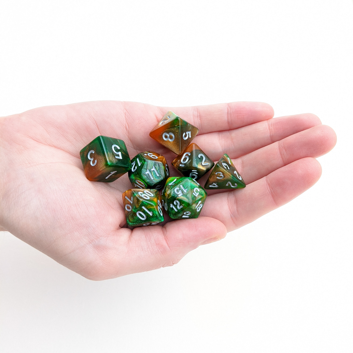 Level 1 Druid Dice Set Polyhedral Dice (7pcs) Green and Orange Glitter Sparkle Mixed, another view