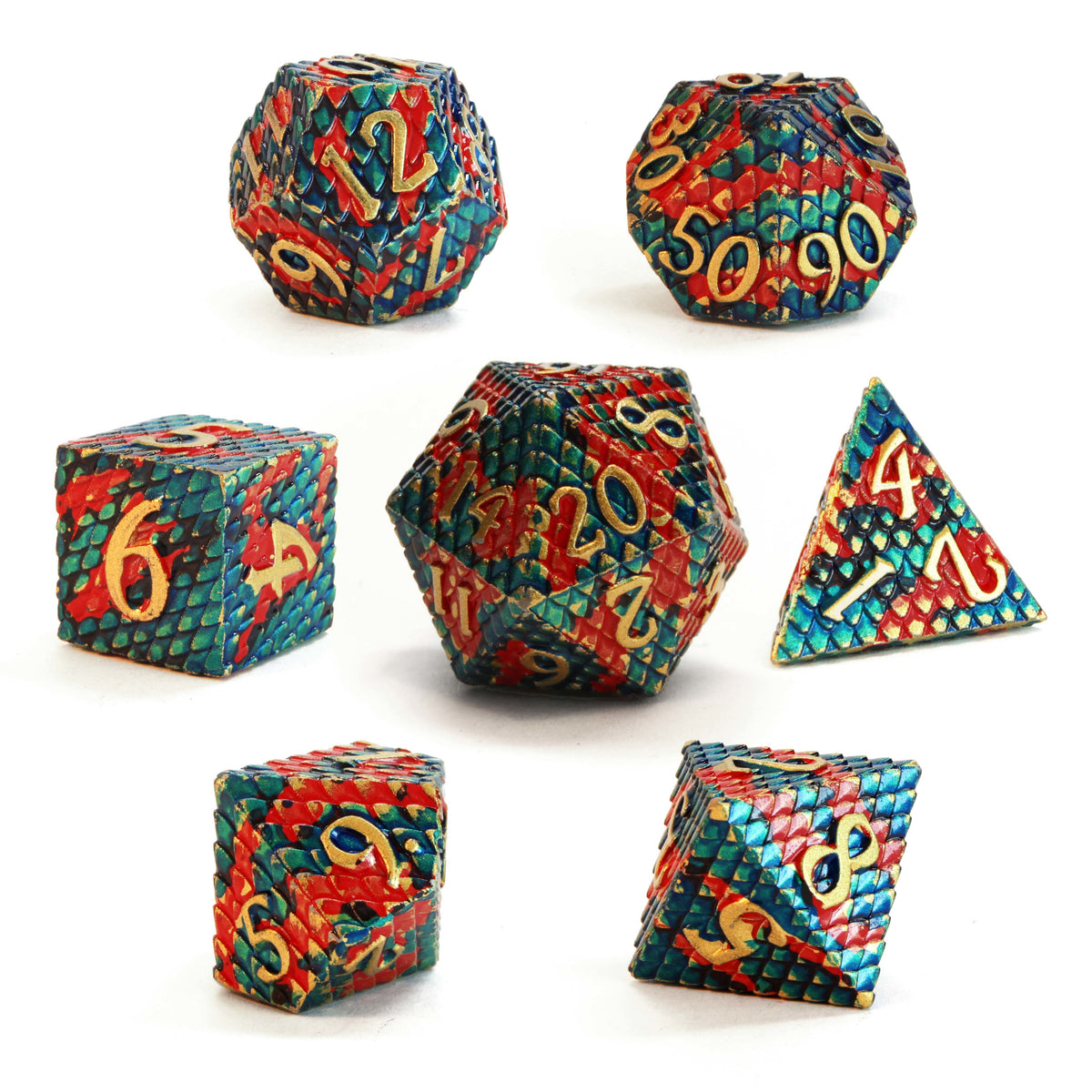 Level 12 Fighter Dice Set Polyhedral Dice (7pcs) Golden Metal with Red and Blue Dragon Scales, another view