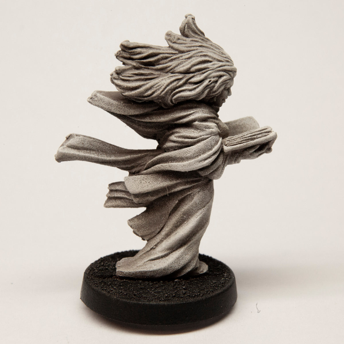 Primed pewter Female Human Elementalist miniature, 40mm tall, another view