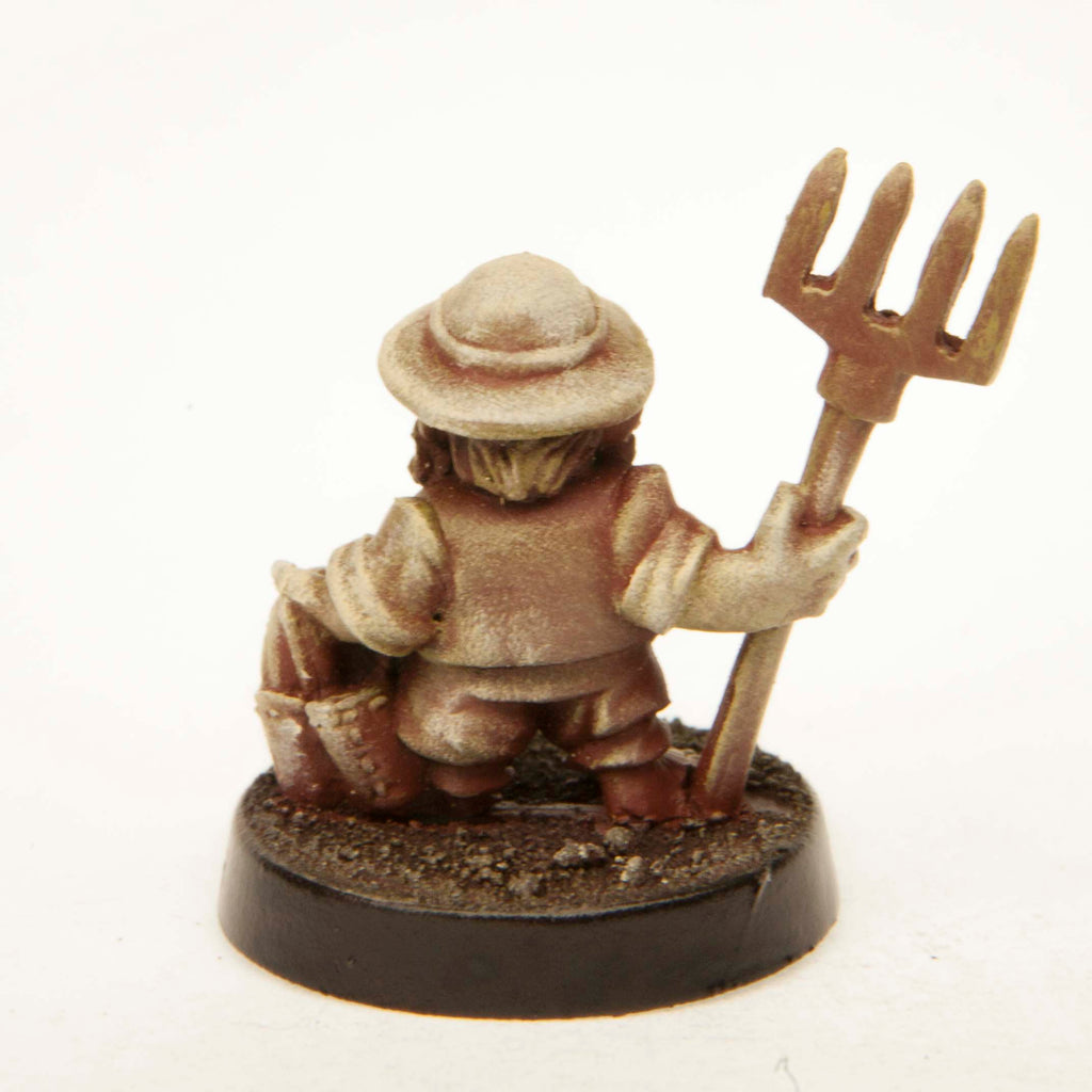 Primed pewter Halfling Farmer miniature, 25mm tall, another view