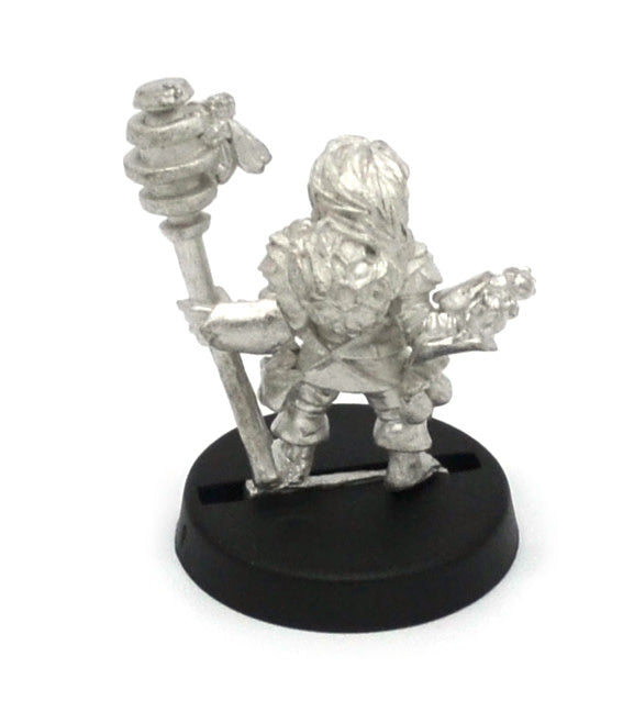 Unpainted pewter Halfling Honey Mage miniature, 24mm tall, another view