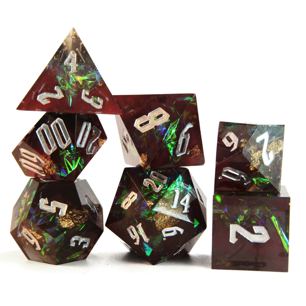 Level 14 Rogue Set Polyhedral Dice (7pcs) Sharp Resin Dice Red and Green with Gold Flecks