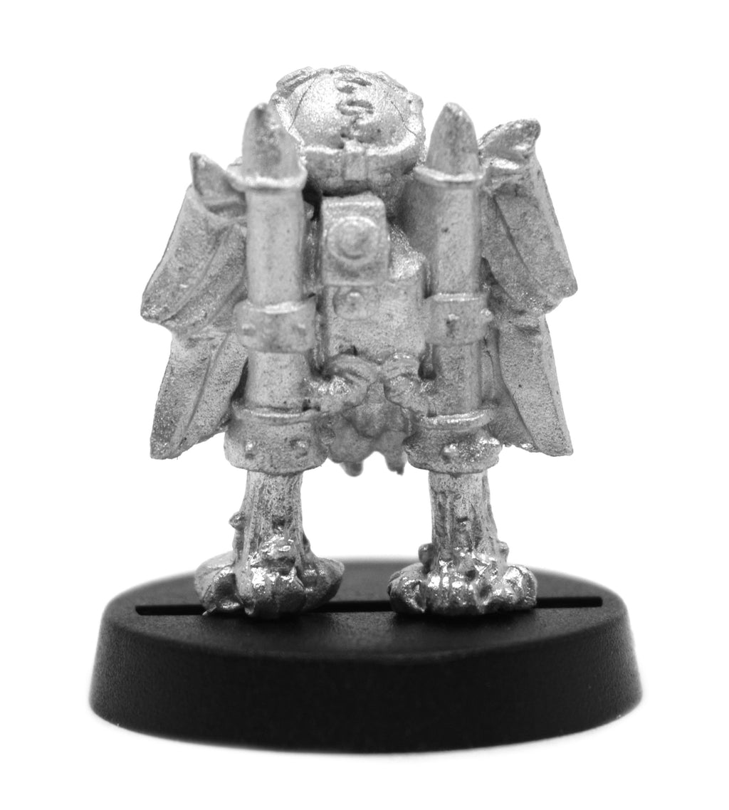 Unpainted pewter Owlfolk Child Mechanist miniature, 20mm tall, another view