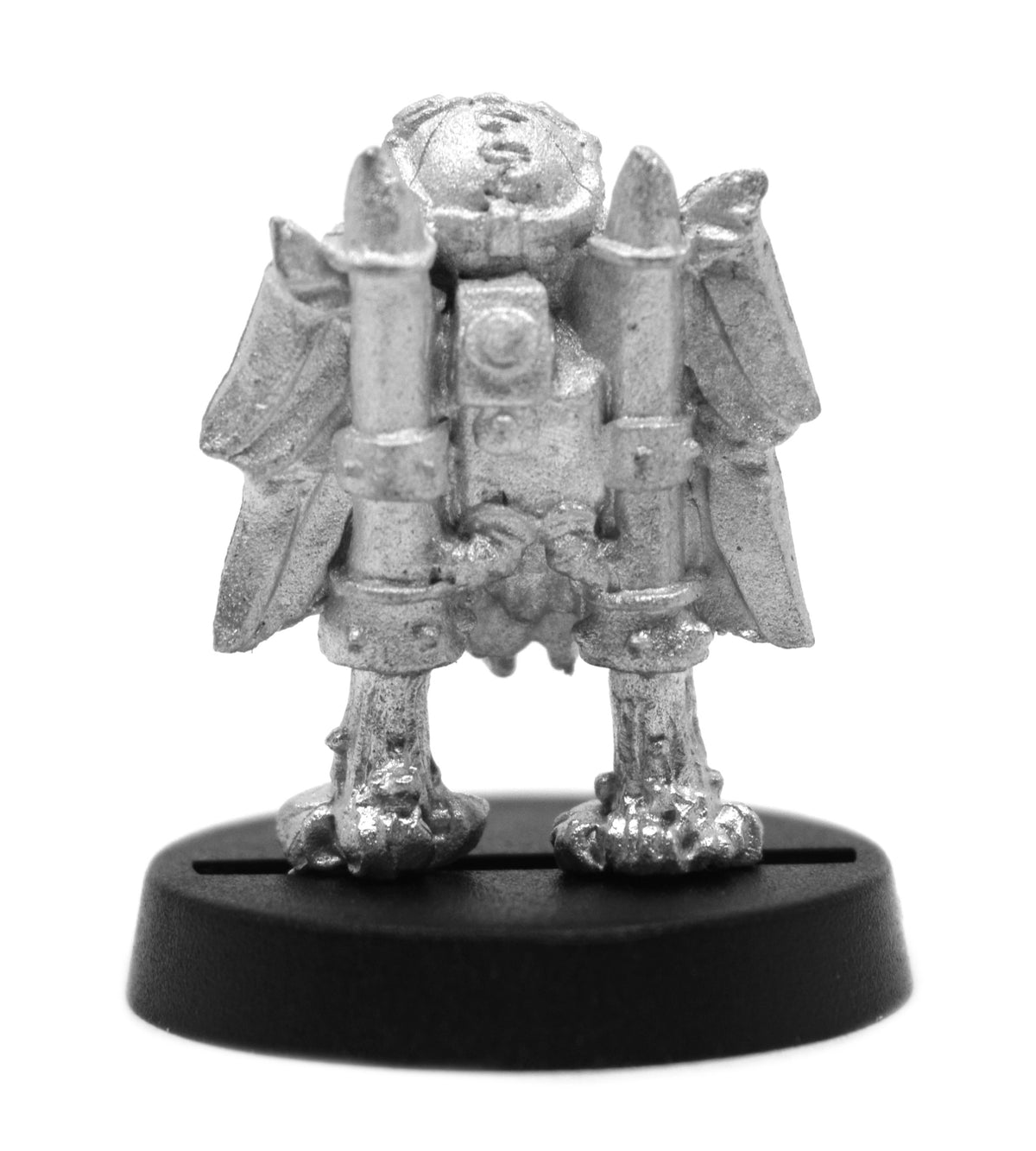Unpainted pewter Owlfolk Child Mechanist miniature, 20mm tall, another view