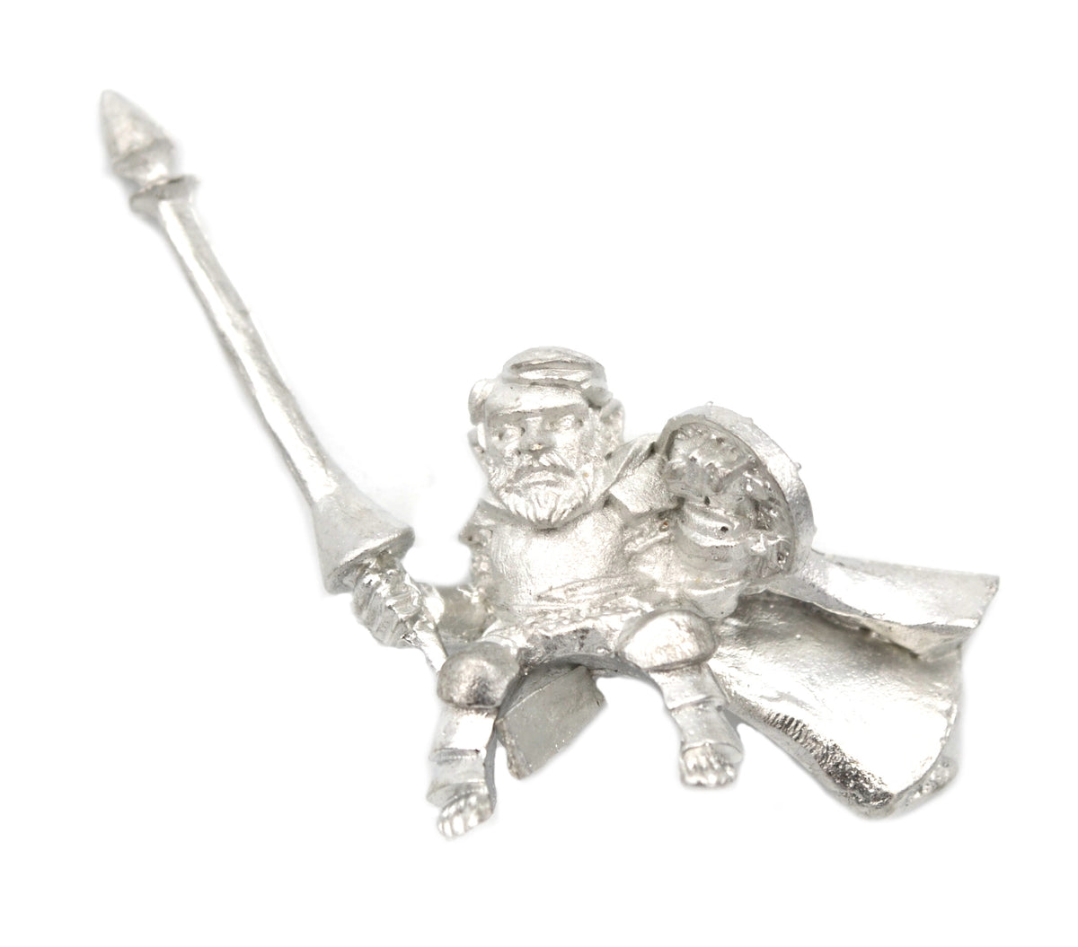 Unpainted pewter Halfling Commander Rider miniature, 32mm tall