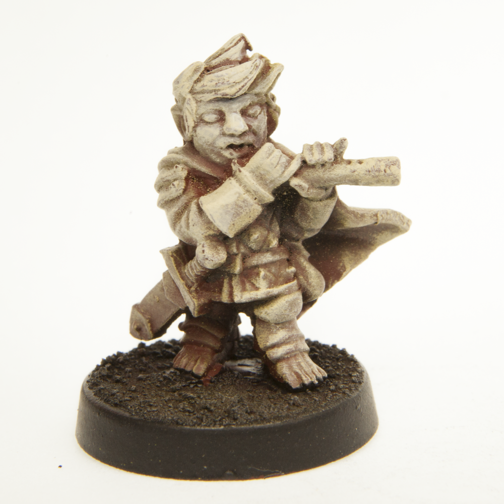 Primed pewter Halfling Fife Player miniature, 20mm tall