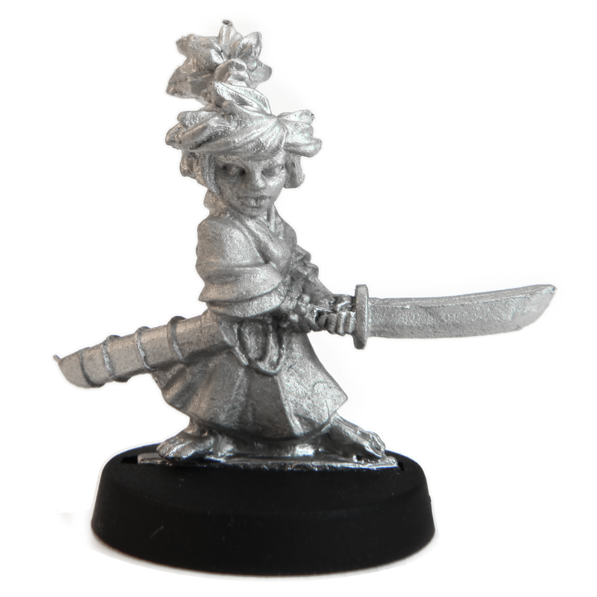Unpainted pewter Halfling Samurai Female miniature, 24mm tall