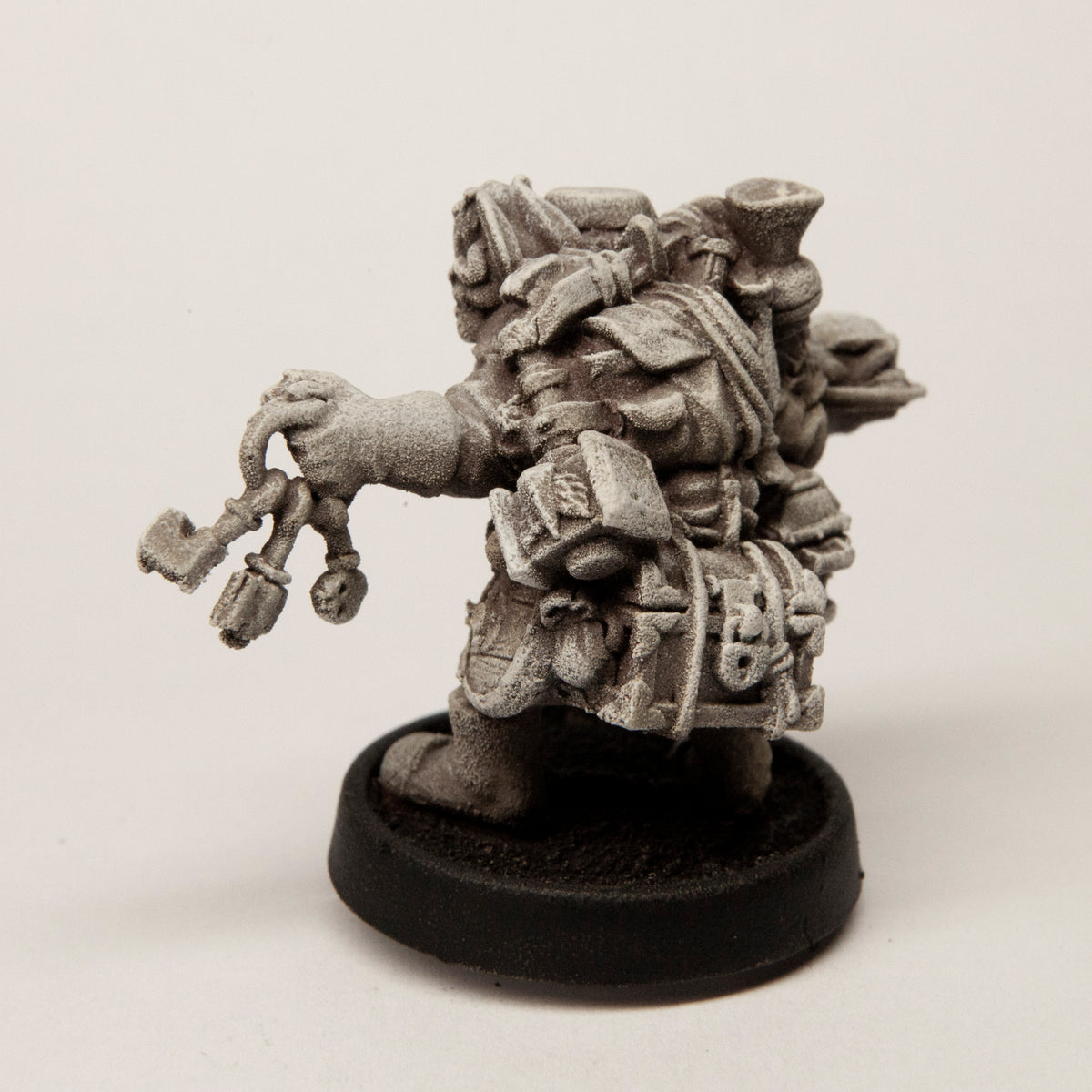 Primed pewter Human Hireling Male miniature, 30mm tall, another view