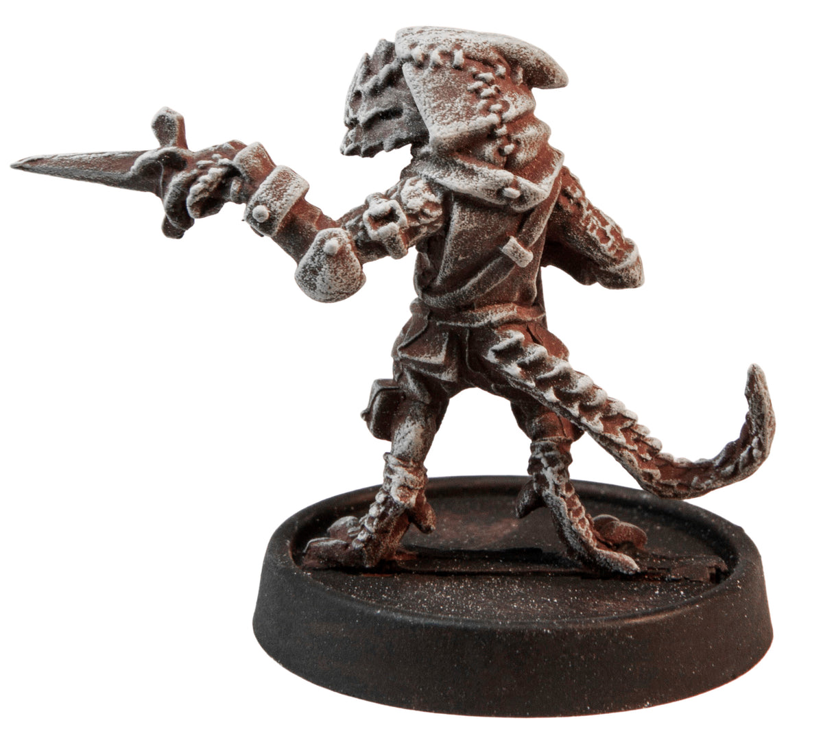 Primed pewter Pygmy Lizardfolk Rogue miniature, 28mm tall, another view