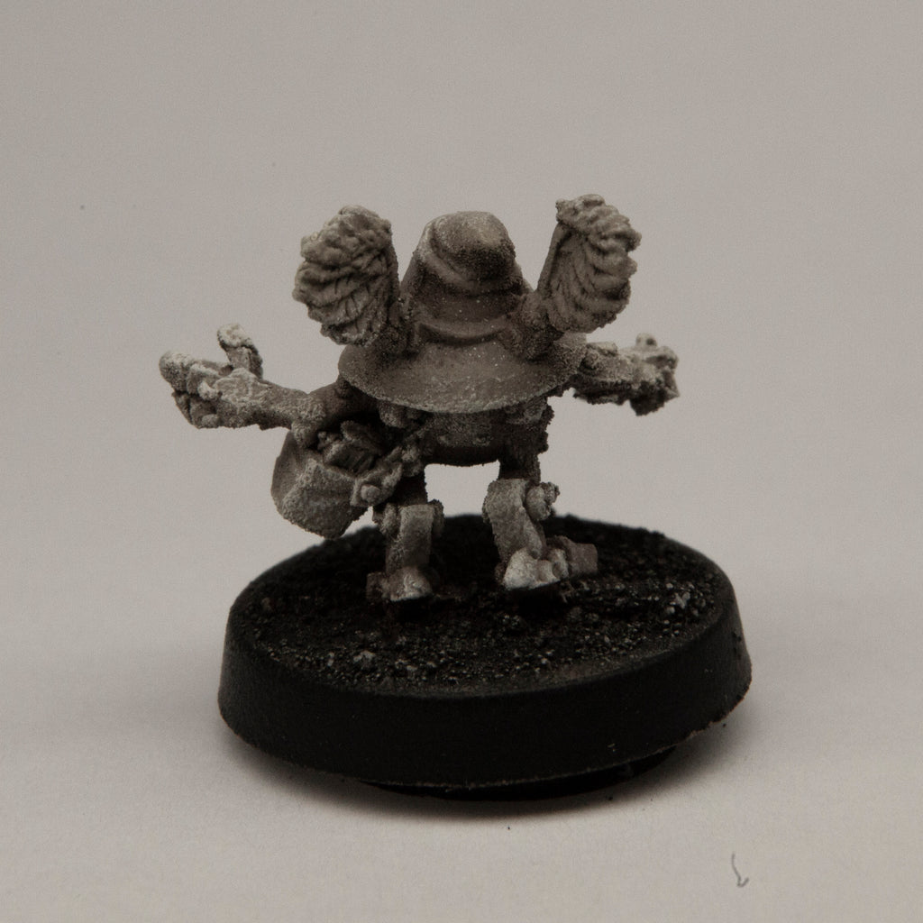 Primed pewter Mechanical Wizard miniature, 16mm tall, another view