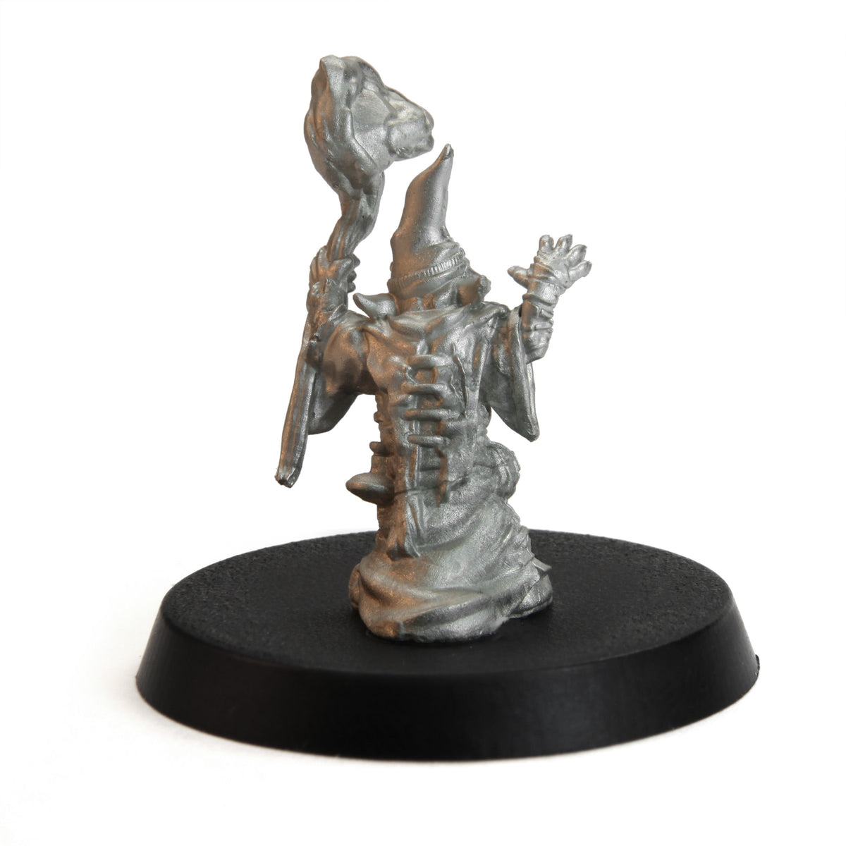 Unpainted pewter Tytantroll Goblin Wizard miniature, 35mm tall, another view