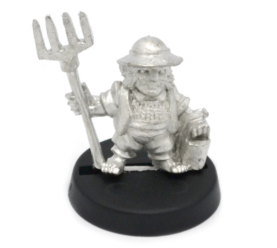 Unpainted pewter Halfling Farmer miniature, 25mm tall