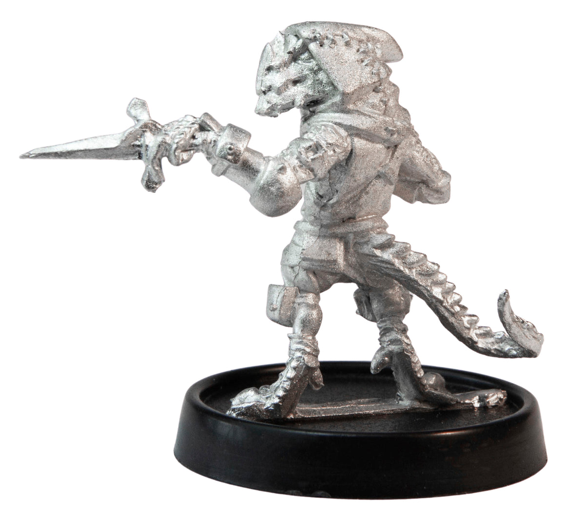 Unpainted pewter Pygmy Lizardfolk Rogue miniature, 28mm tall, another view