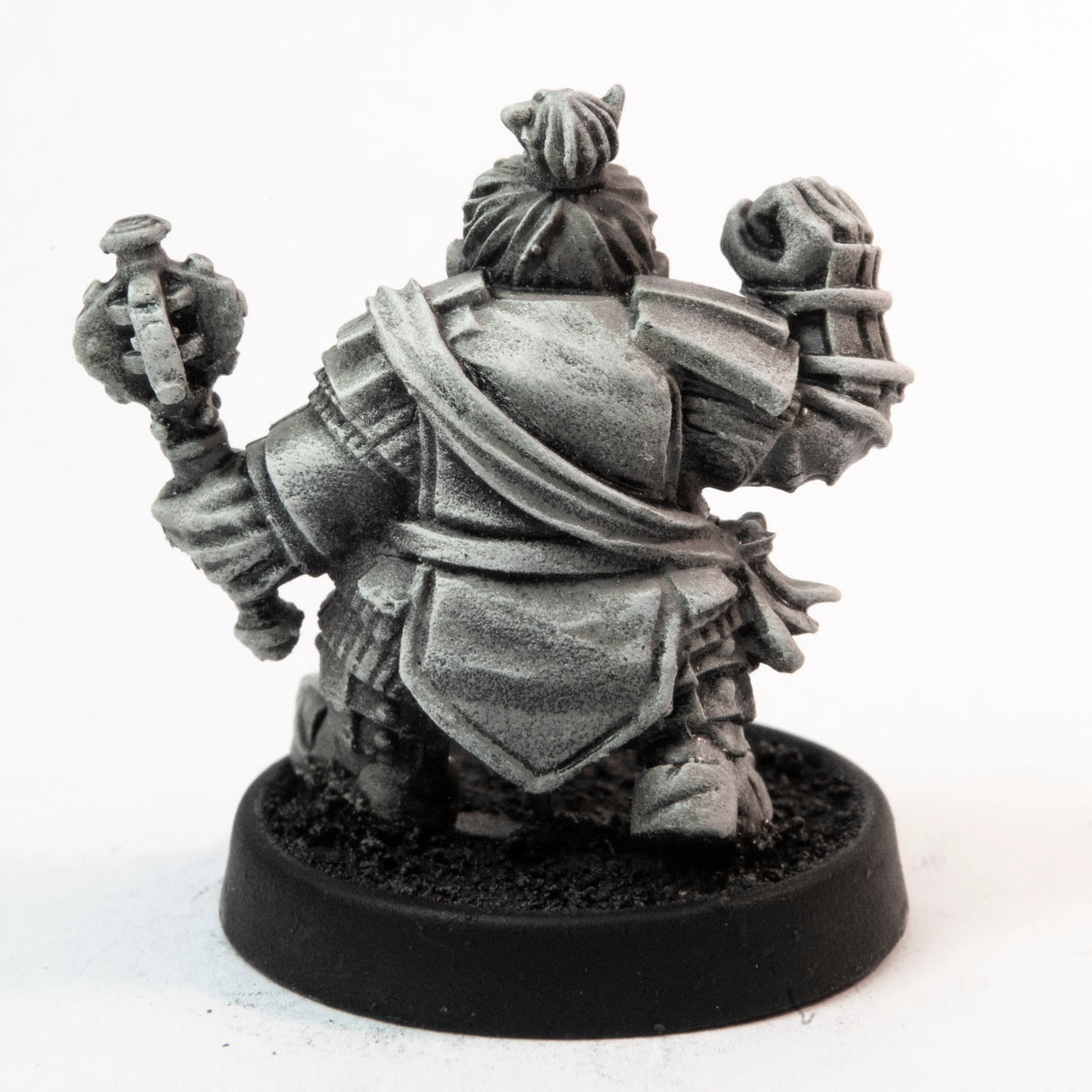 Primed pewter Dwarven Fighter miniature, 26mm tall, another view
