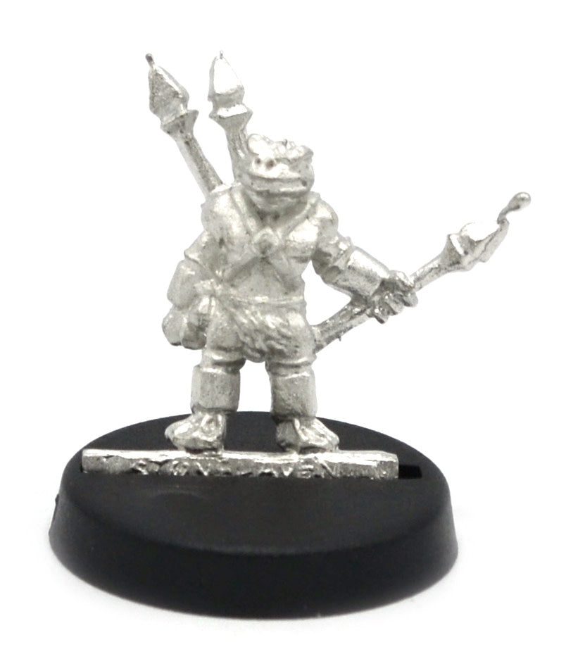 Unpainted pewter Grippli Barbarian miniature, 19mm tall