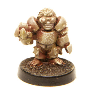 Primed pewter Halfling Digger miniature, 20mm tall