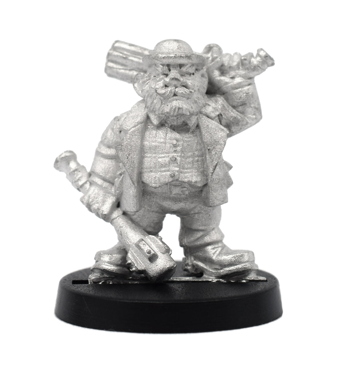 Unpainted pewter Dwarven Investigator miniature, 26mm tall