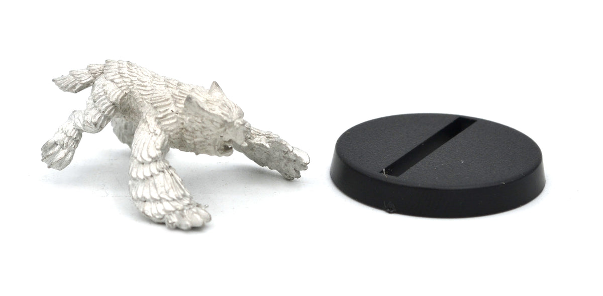 Unpainted pewter Owlverine miniature, 27mm long, another view