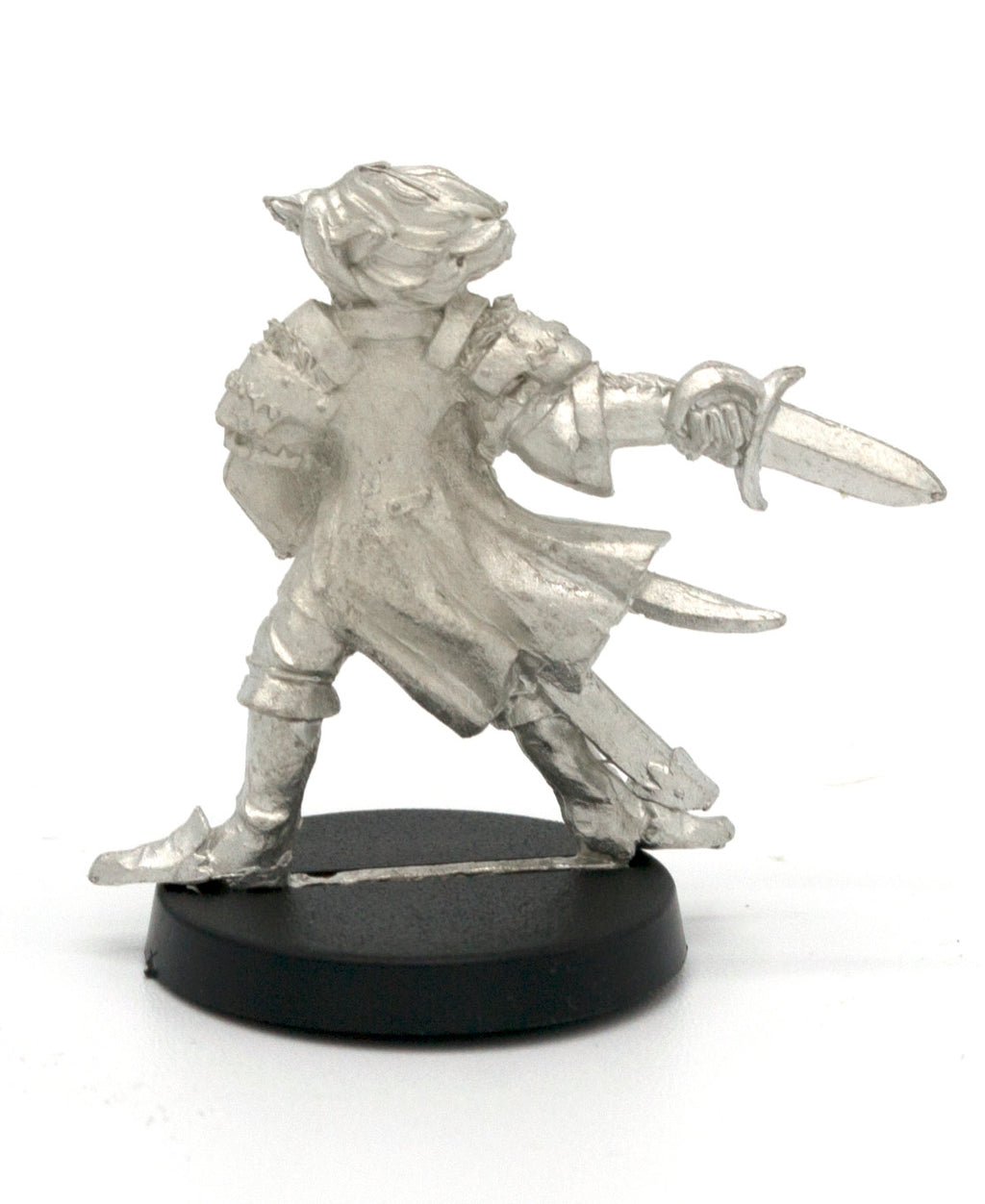 Unpainted pewter Half-Orc Spellblade miniature, 32mm tall, another view