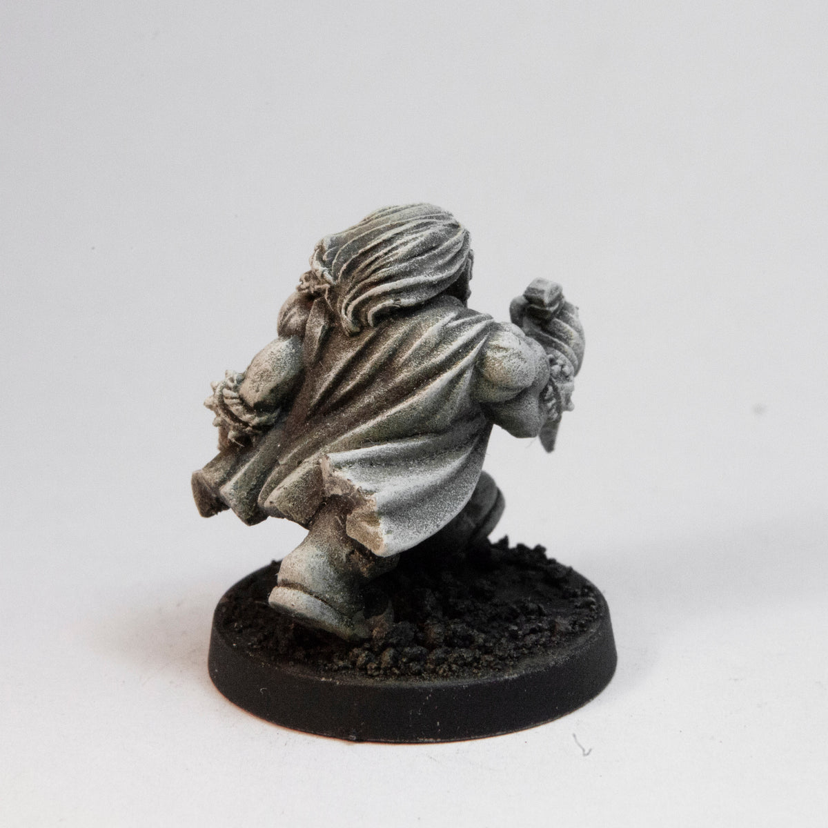 Primed pewter Dwarven Necromancer miniature, 23mm tall, another view