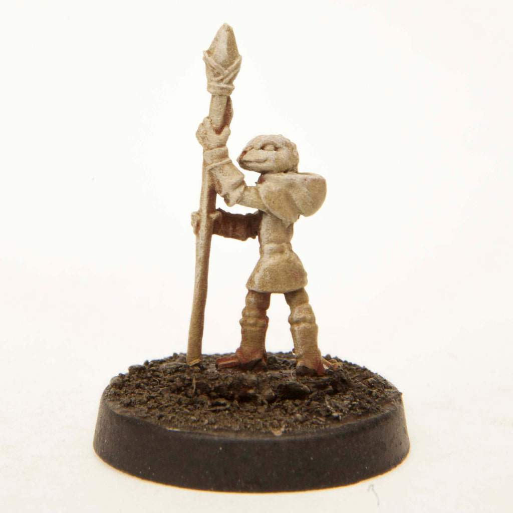 Primed pewter Grippli Spearman miniature, 22mm tall, another view