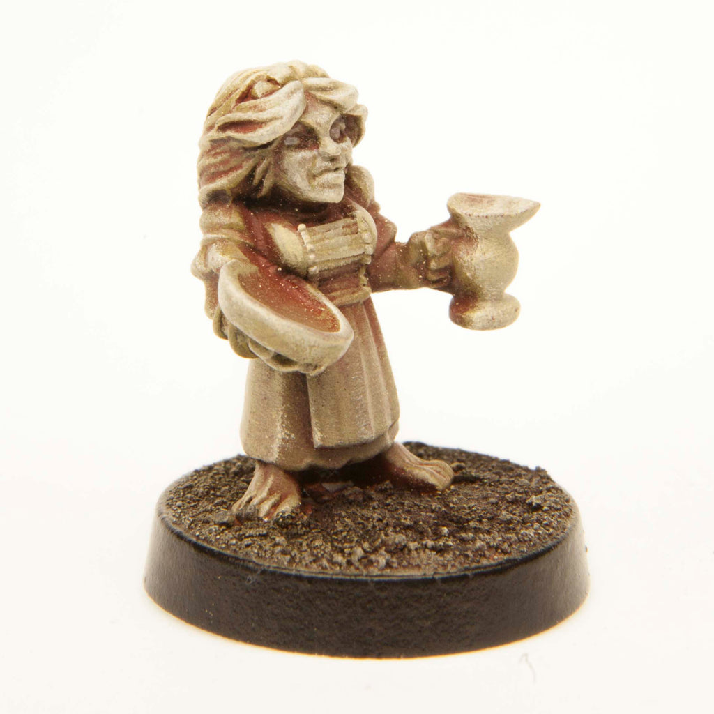 Primed pewter Halfling Serving Maid miniature, 20mm tall