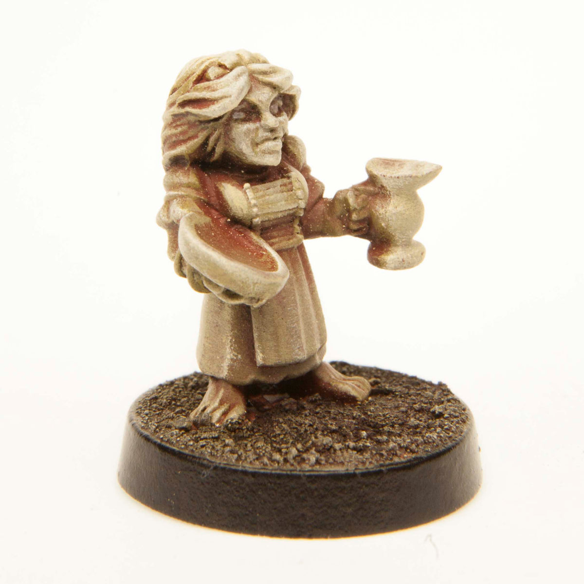 Primed pewter Halfling Serving Maid miniature, 20mm tall