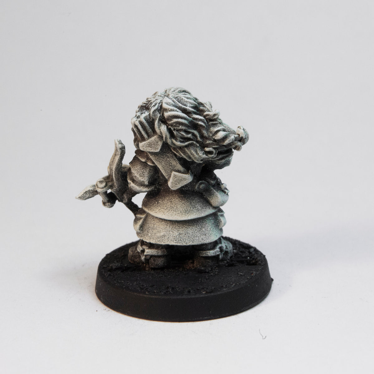Primed pewter Dwarven Huntsman miniature, 25mm tall, another view