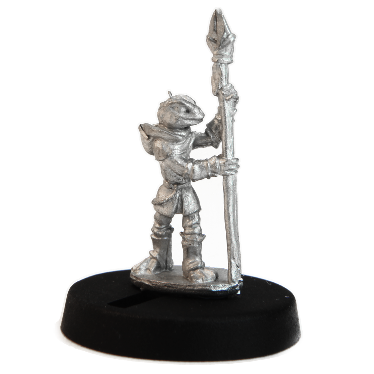 Unpainted pewter Grippli Spearman miniature, 22mm tall, another view