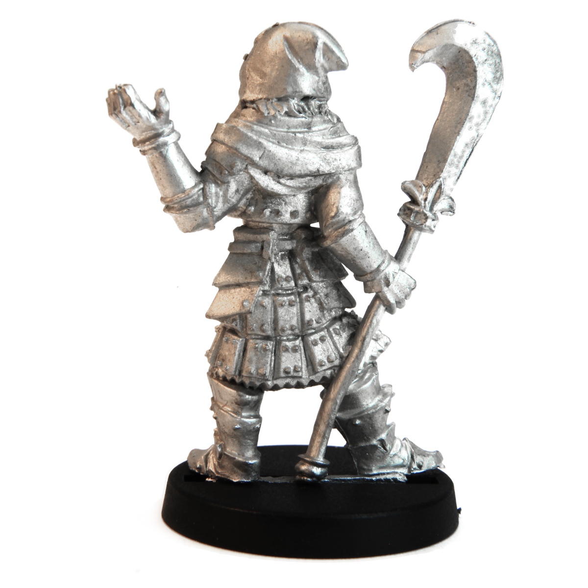 Unpainted pewter Half-Orc Necromancer miniature, 36mm tall, another view