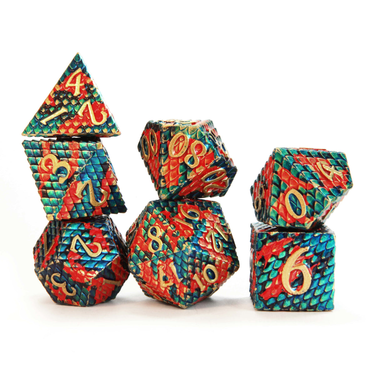 Level 12 Fighter Dice Set Polyhedral Dice (7pcs) Golden Metal with Red and Blue Dragon Scales