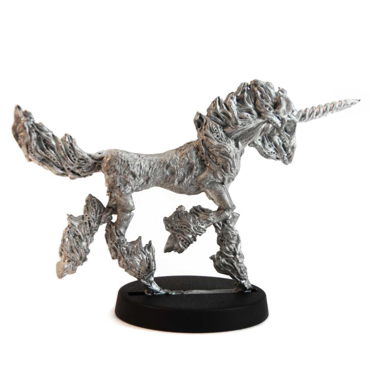 Unpainted pewter Flaming Undead Unicorn miniature, 35mm tall