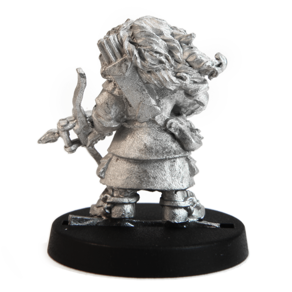 Unpainted pewter Dwarven Huntsman miniature, 25mm tall, another view