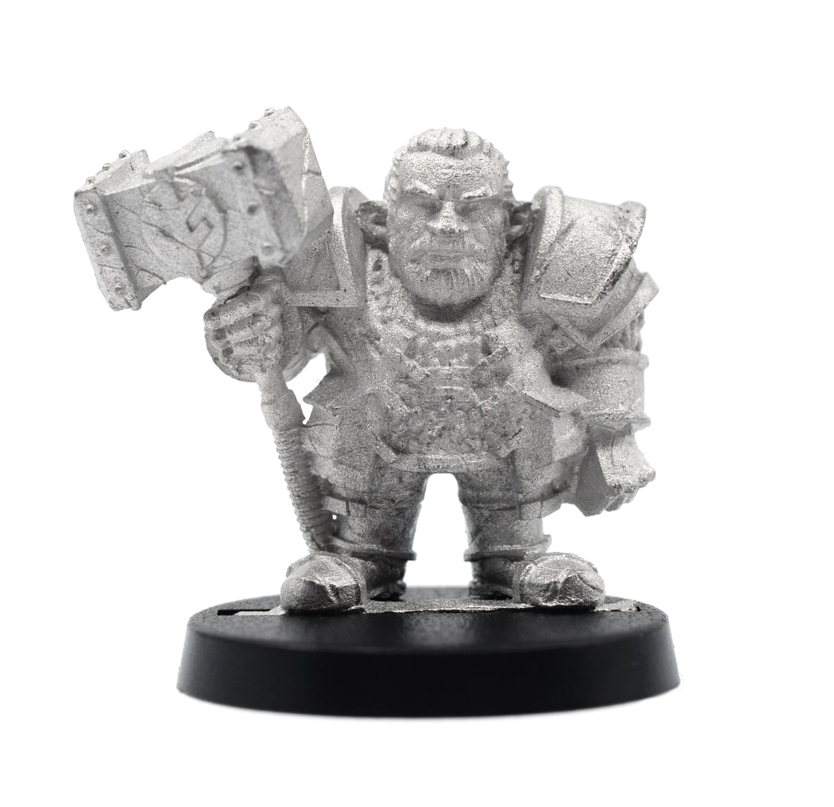 Unpainted pewter Dwarven Hammersmith miniature, 26mm tall, another view