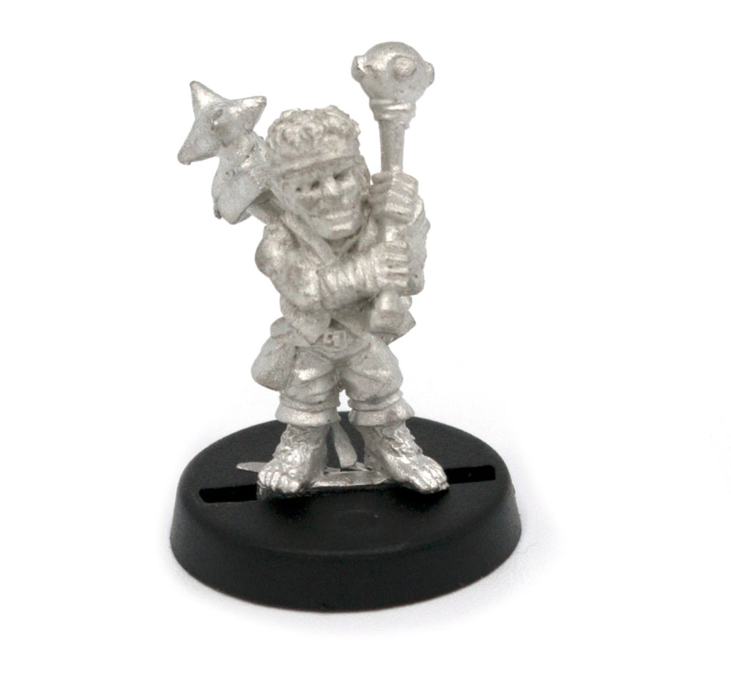 Unpainted pewter Halfling Linksman miniature, 24mm tall