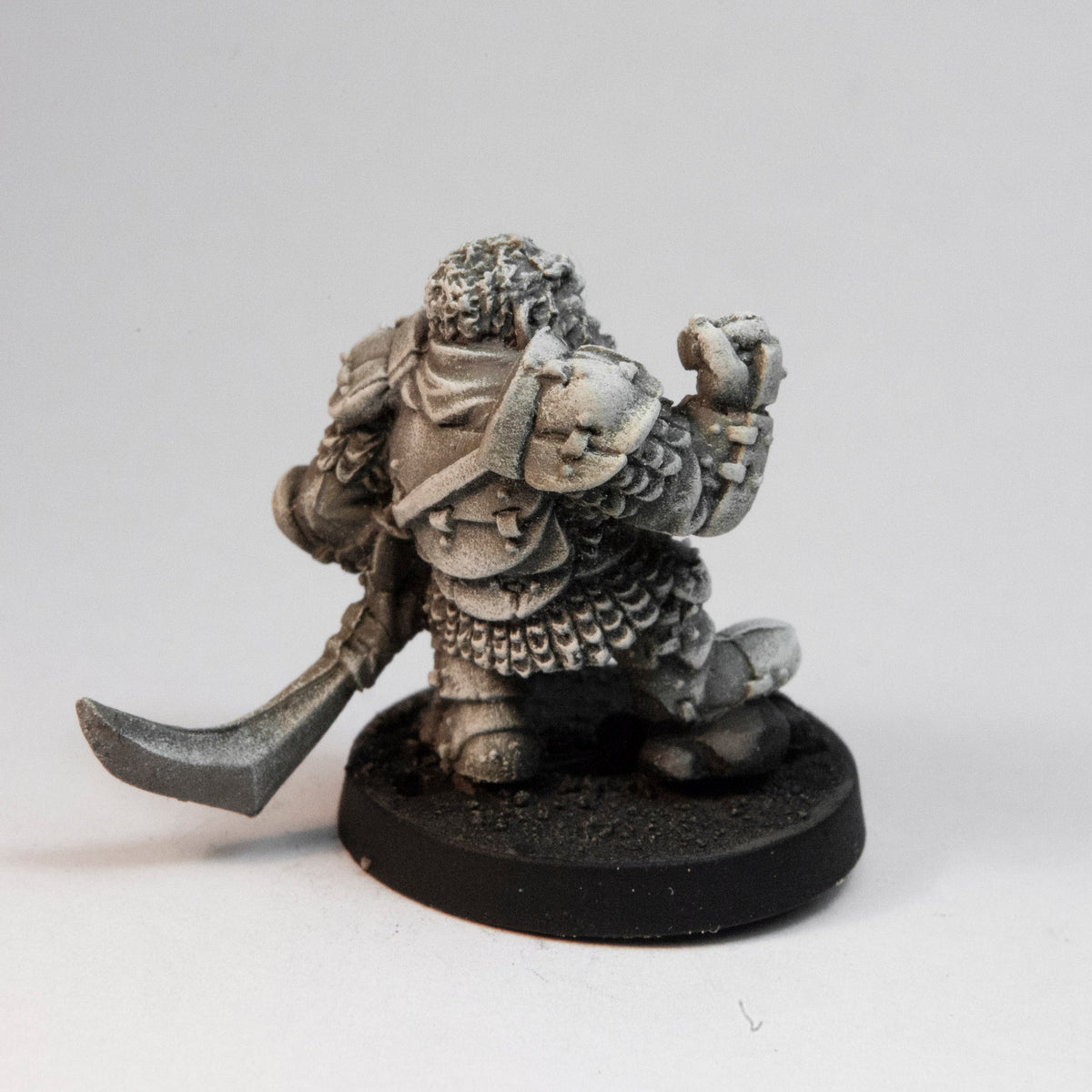 Primed pewter Dwarven Warlord miniature, 24mm tall, another view