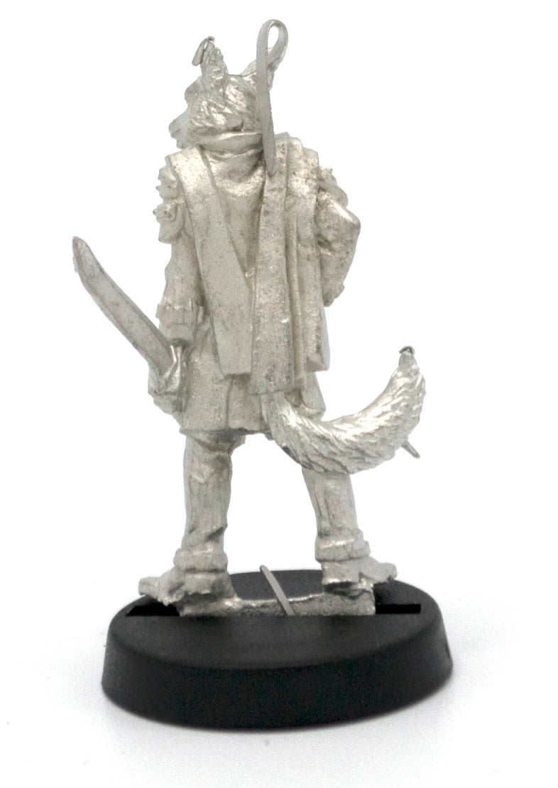 Unpainted pewter Kitsune Swordsman miniature, 32mm tall, another view