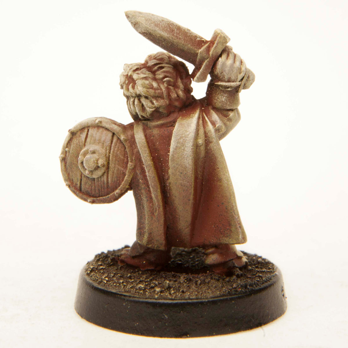 Primed pewter Halfling Soldier Cheering miniature, 28mm tall, another view