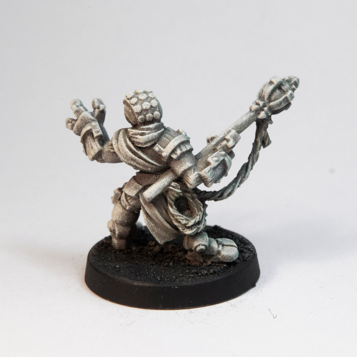 Primed pewter Dwarven Automage miniature, 23mm tall, another view